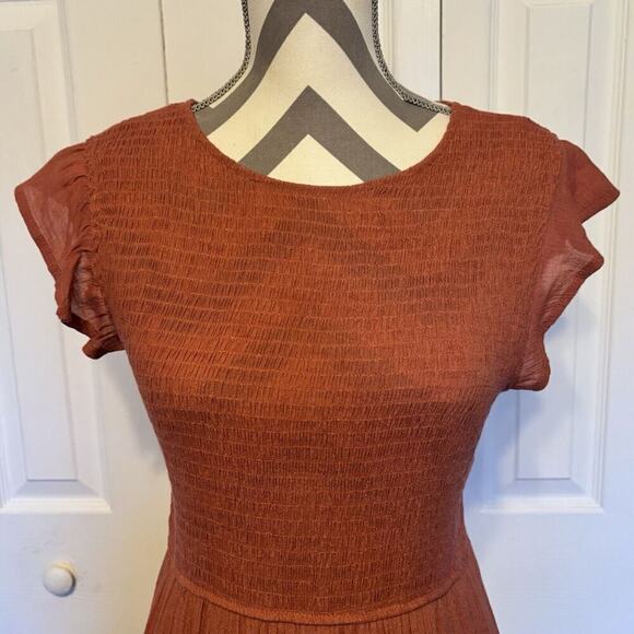 Coral Medium Flutter Sleeve Smocked Midi Dress Womens Casual Tiered Gauze - Picture 2 of 11